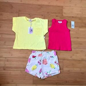 NWT Girls Size 4T Outfit  - Yellow Tee, Tank Top & Fruit Print Shorts Set